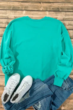 Discount Dear-Lover Solid Fleece Lined Drop Shoulder High Low Sweatshirt Sea Green