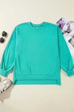Discount Dear-Lover Solid Fleece Lined Drop Shoulder High Low Sweatshirt Sea Green