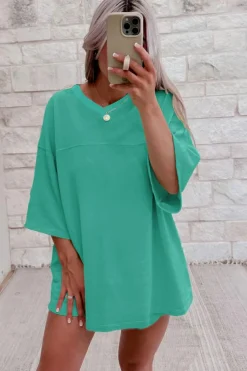 Discount Dear-Lover Solid Loose V Neck Half Sleeve Tee and Shorts Sea Green