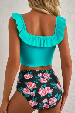 Sale Dear-Lover Solid Ruffled Square Neck Swim Top and Floral Shorts Bikini Set Sea Green