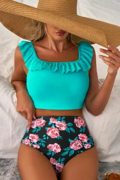 Sale Dear-Lover Solid Ruffled Square Neck Swim Top and Floral Shorts Bikini Set Sea Green