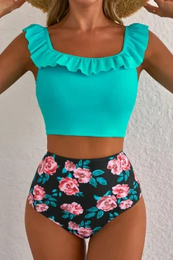 Sale Dear-Lover Solid Ruffled Square Neck Swim Top and Floral Shorts Bikini Set Sea Green