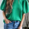 Sale Dear-Lover Solid Textured O Neck Puff Sleeve Blouse Sea Green