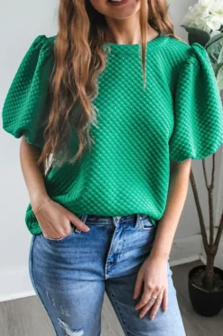 Sale Dear-Lover Solid Textured O Neck Puff Sleeve Blouse Sea Green