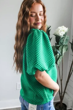 Sale Dear-Lover Solid Textured O Neck Puff Sleeve Blouse Sea Green
