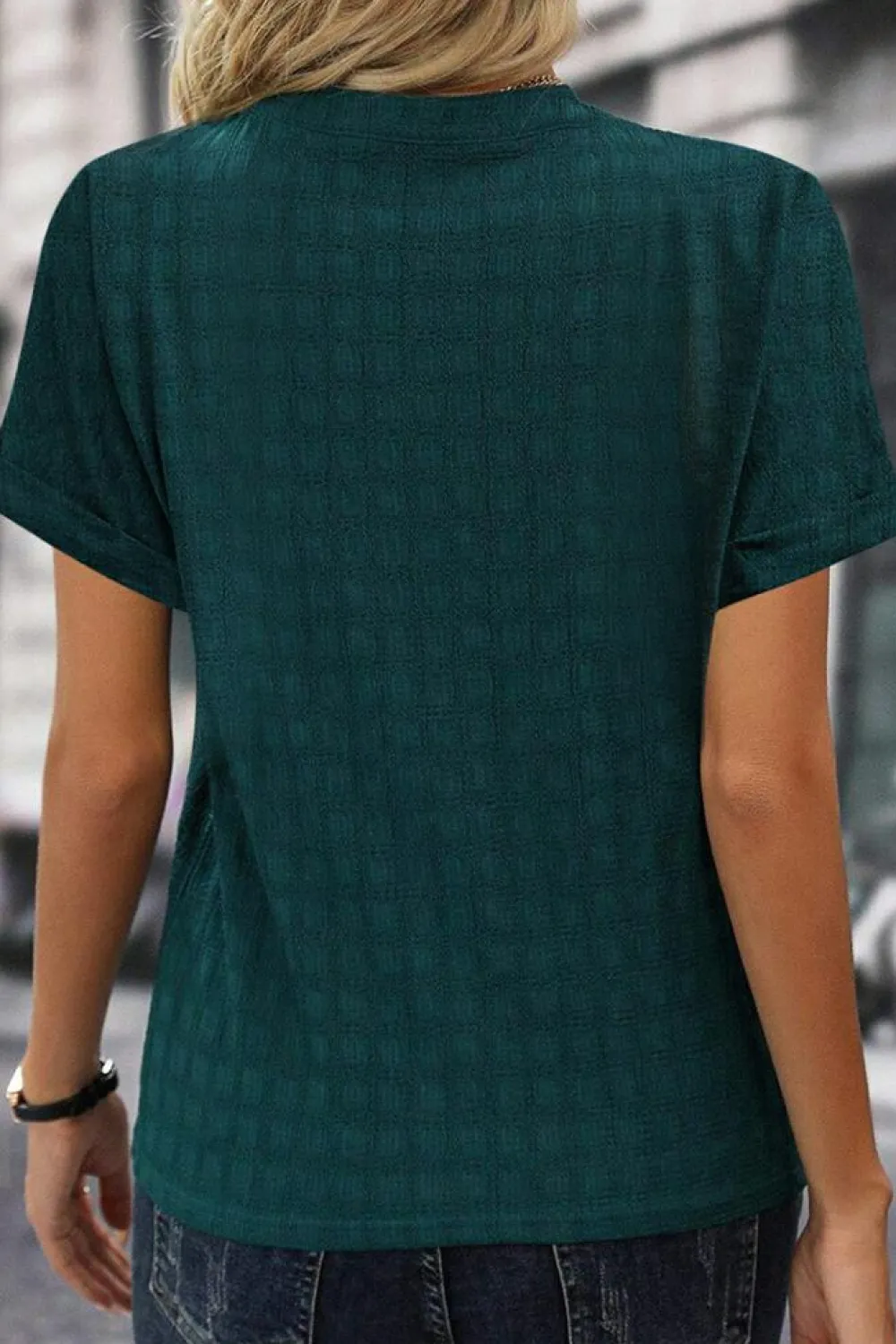 Online Dear-Lover Solid Textured Split Neck Short Sleeve Blouse Sea Green