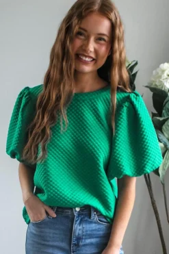 Sale Dear-Lover Solid Textured O Neck Puff Sleeve Blouse Sea Green