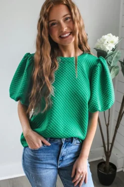 Sale Dear-Lover Solid Textured O Neck Puff Sleeve Blouse Sea Green