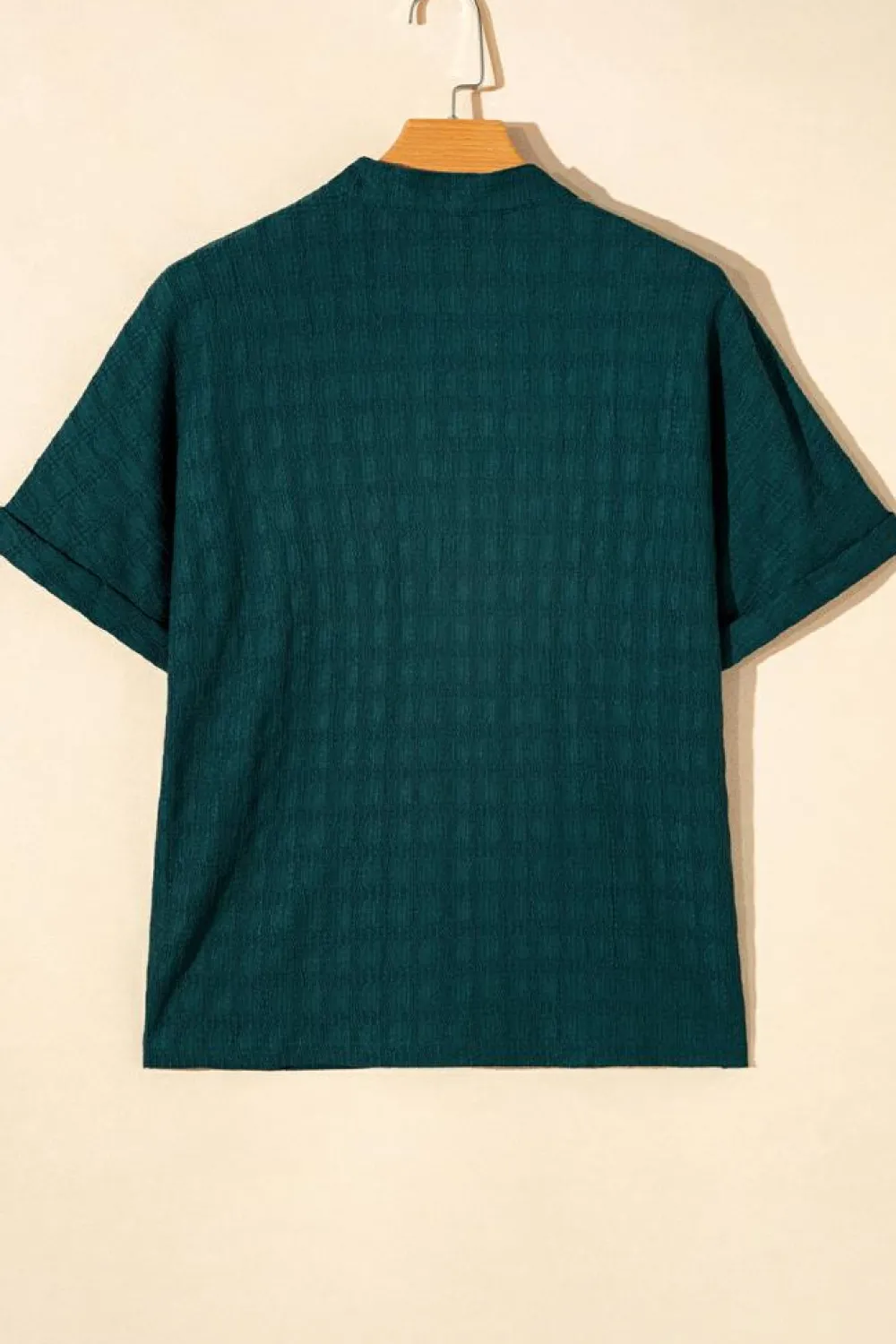 Online Dear-Lover Solid Textured Split Neck Short Sleeve Blouse Sea Green