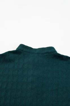 Online Dear-Lover Solid Textured Split Neck Short Sleeve Blouse Sea Green