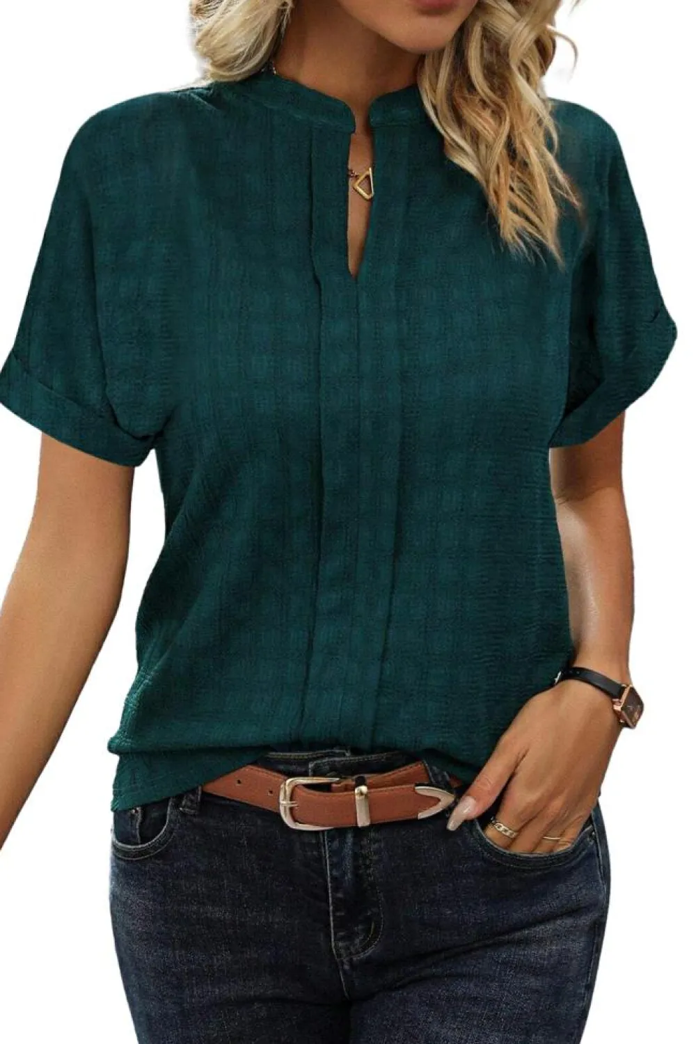 Online Dear-Lover Solid Textured Split Neck Short Sleeve Blouse Sea Green