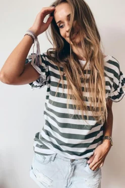 Discount Dear-Lover Striped V Neck Ruffle Sleeve Top Sea Green