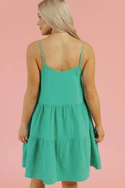 Outlet Dear-Lover Textured Buttoned Thin Strap Tiered Loose Fit Mini Dress Sea Green