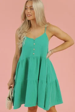 Outlet Dear-Lover Textured Buttoned Thin Strap Tiered Loose Fit Mini Dress Sea Green