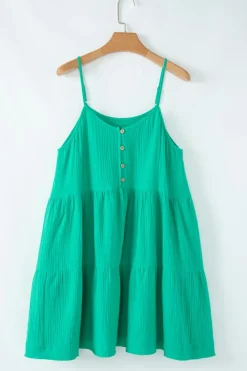 Outlet Dear-Lover Textured Buttoned Thin Strap Tiered Loose Fit Mini Dress Sea Green