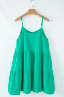 Outlet Dear-Lover Textured Buttoned Thin Strap Tiered Loose Fit Mini Dress Sea Green