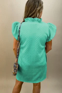 Fashion Dear-Lover Textured Puff Sleeve Ruffled V Neck Shift Mini Dress Sea Green