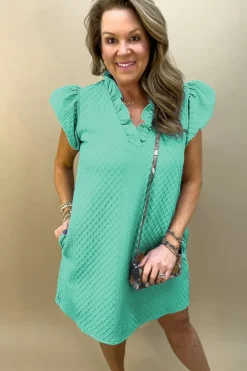 Fashion Dear-Lover Textured Puff Sleeve Ruffled V Neck Shift Mini Dress Sea Green