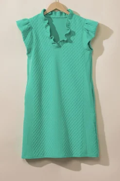 Fashion Dear-Lover Textured Puff Sleeve Ruffled V Neck Shift Mini Dress Sea Green
