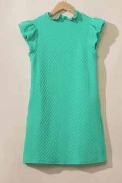 Fashion Dear-Lover Textured Puff Sleeve Ruffled V Neck Shift Mini Dress Sea Green