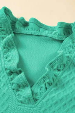 Fashion Dear-Lover Textured Puff Sleeve Ruffled V Neck Shift Mini Dress Sea Green