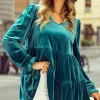 Online Dear-Lover Velvet V Neck Peplum Hem Puff Sleeve Blouse Sea Green