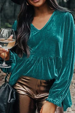 Online Dear-Lover Velvet V Neck Peplum Hem Puff Sleeve Blouse Sea Green