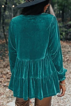 Online Dear-Lover Velvet V Neck Peplum Hem Puff Sleeve Blouse Sea Green