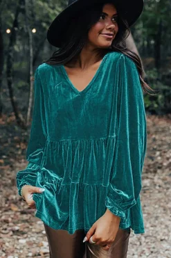 Online Dear-Lover Velvet V Neck Peplum Hem Puff Sleeve Blouse Sea Green