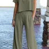 Fashion Dear-Lover Raw Hem Loose Tee and Wide Leg Pants Set Seagrass