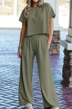 Fashion Dear-Lover Raw Hem Loose Tee and Wide Leg Pants Set Seagrass