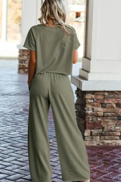Fashion Dear-Lover Raw Hem Loose Tee and Wide Leg Pants Set Seagrass