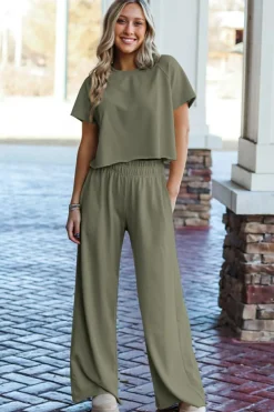 Fashion Dear-Lover Raw Hem Loose Tee and Wide Leg Pants Set Seagrass
