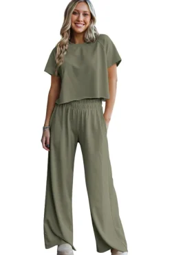 Fashion Dear-Lover Raw Hem Loose Tee and Wide Leg Pants Set Seagrass