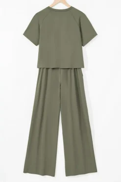 Fashion Dear-Lover Raw Hem Loose Tee and Wide Leg Pants Set Seagrass
