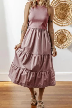 Best Dear-Lover Ribbed Vest Patchwork Tiered Midi Dress with Pockets Sepia Rose