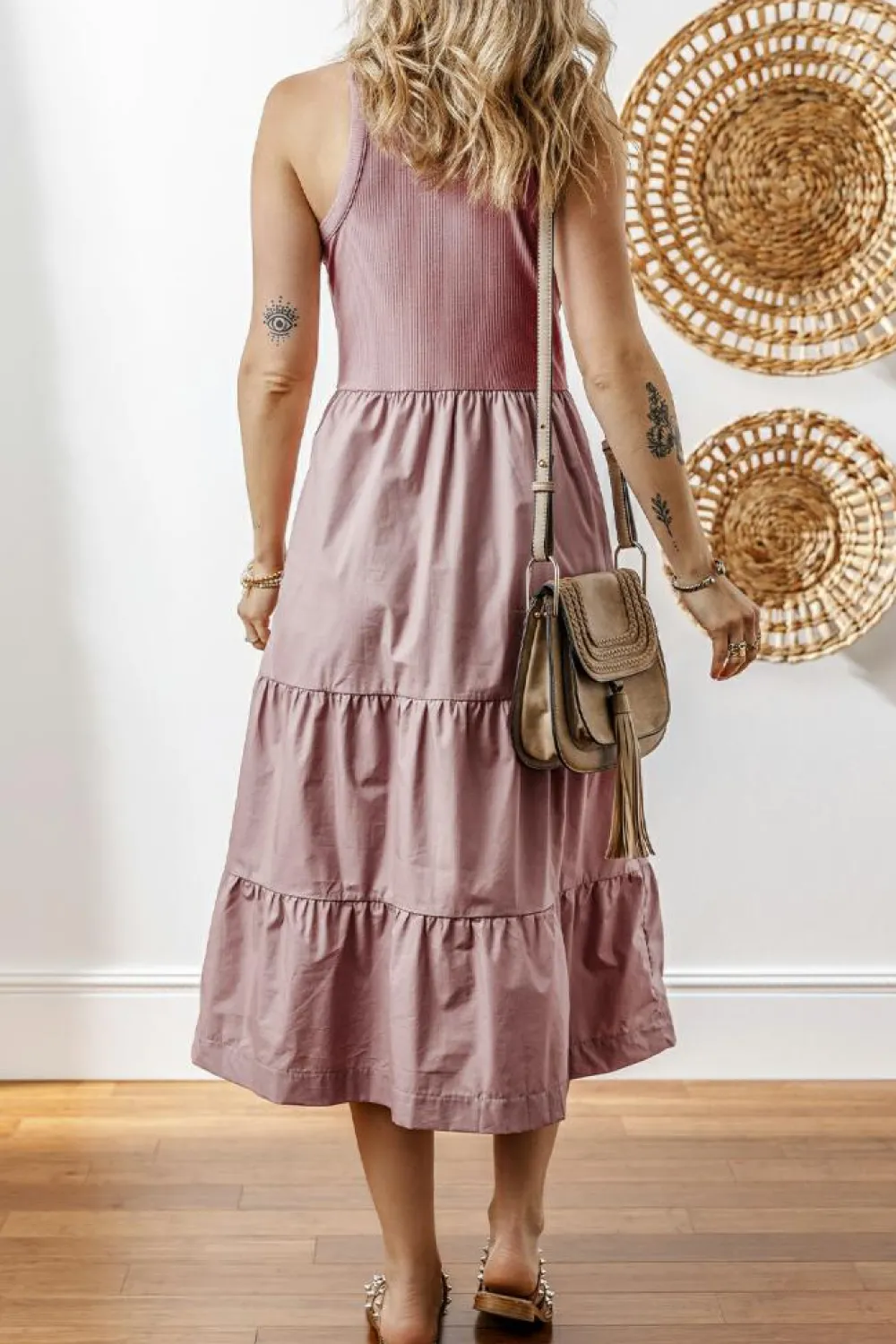 Best Dear-Lover Ribbed Vest Patchwork Tiered Midi Dress with Pockets Sepia Rose