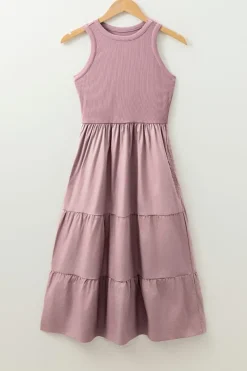 Best Dear-Lover Ribbed Vest Patchwork Tiered Midi Dress with Pockets Sepia Rose