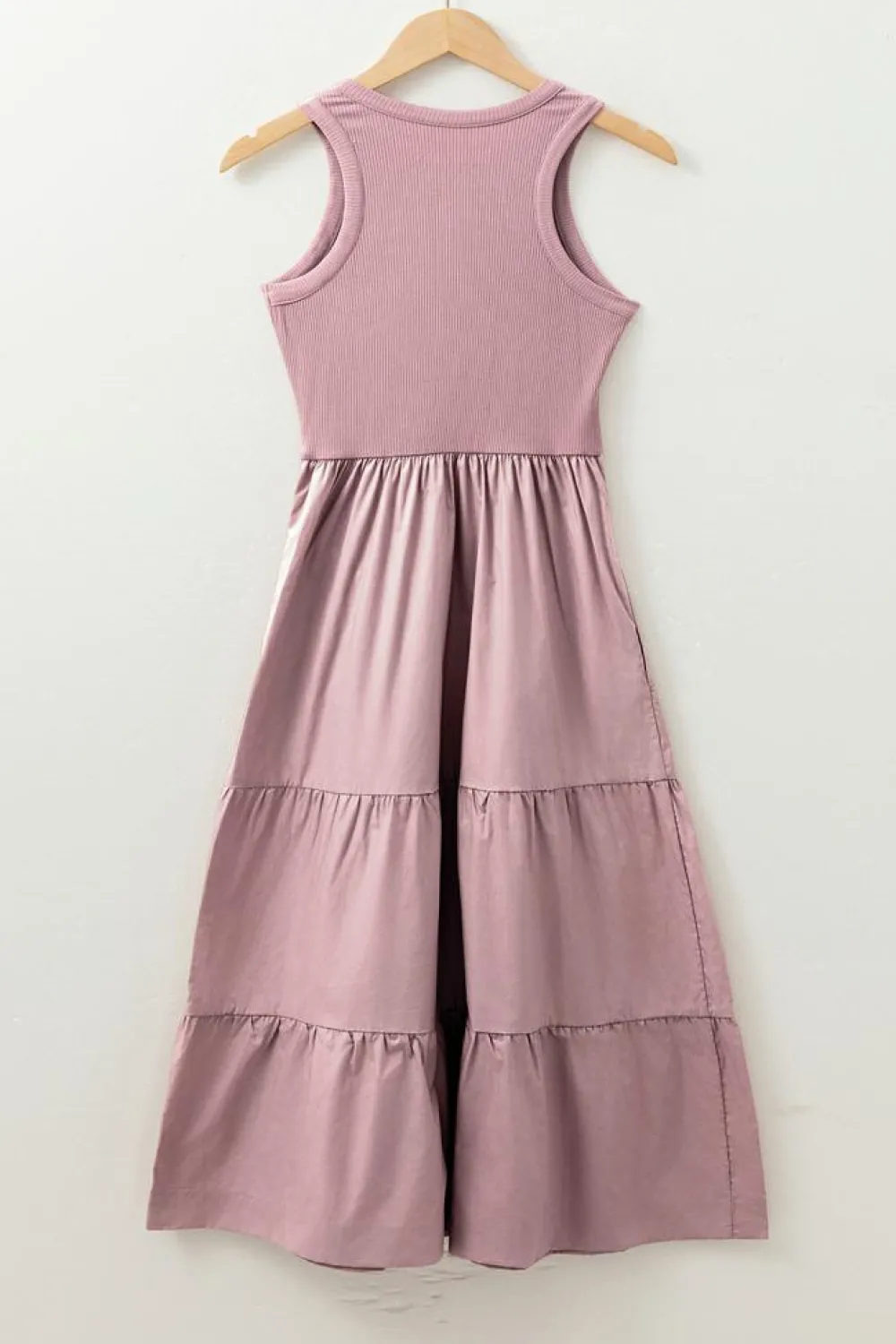 Best Dear-Lover Ribbed Vest Patchwork Tiered Midi Dress with Pockets Sepia Rose