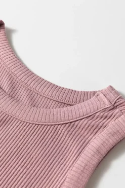 Best Dear-Lover Ribbed Vest Patchwork Tiered Midi Dress with Pockets Sepia Rose