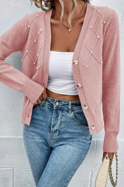 Clearance Dear-Lover Textured Knit Pearl Beaded Button Up Cardigan Sepia Rose