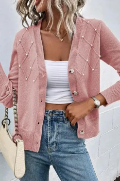 Clearance Dear-Lover Textured Knit Pearl Beaded Button Up Cardigan Sepia Rose
