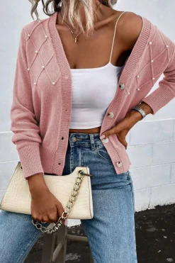 Clearance Dear-Lover Textured Knit Pearl Beaded Button Up Cardigan Sepia Rose