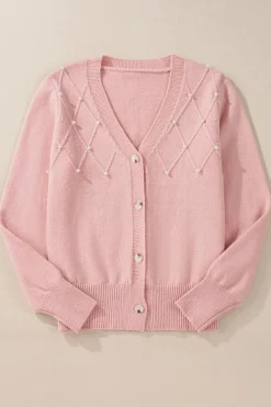 Clearance Dear-Lover Textured Knit Pearl Beaded Button Up Cardigan Sepia Rose