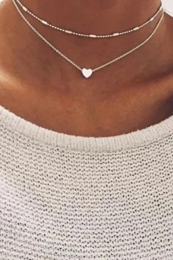 Hot Dear-Lover Valentine Heart Shaped Layered Chain Necklace Silver