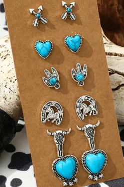 Clearance Dear-Lover 6 Pairs Western Turquoise Alloy Stud Earrings Silvery