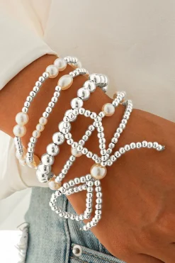 Online Dear-Lover Bow Knot Pearl Beaded Multi Layered Bracelet Set Silvery