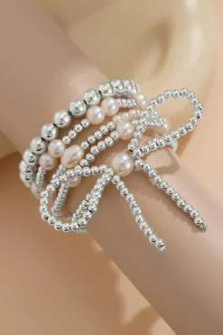 Online Dear-Lover Bow Knot Pearl Beaded Multi Layered Bracelet Set Silvery