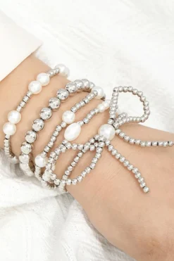 Online Dear-Lover Bow Knot Pearl Beaded Multi Layered Bracelet Set Silvery