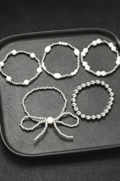 Online Dear-Lover Bow Knot Pearl Beaded Multi Layered Bracelet Set Silvery